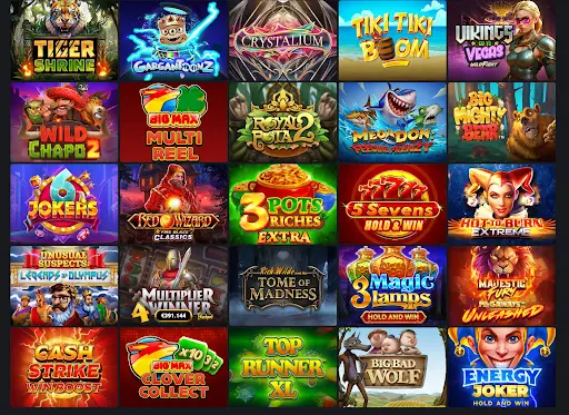 Verzameling van populaire online gokkasten bij One Casino, waaronder Tiger Shrine, Gargantoonz, Vikings Go To Vegas, Royal Pot, Tome of Madness en Big Bad Wolf